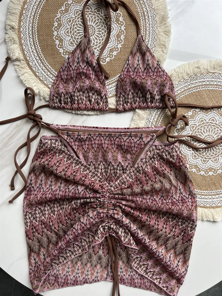 Bikini Arce de Colores: Conjunto de Falda de Punto de Tres Piezas